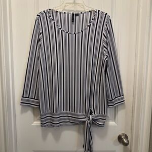 New Directions Blouse Top Women Medium Navy White Striped Tie Hem 3/4 Casual